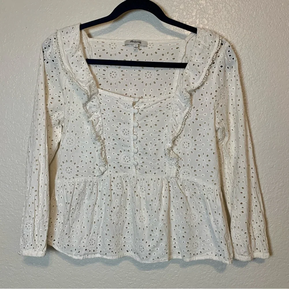 Madewell Eyelet Peplum Top 1/2 Button Up Ruffle White Size Small - Picture 12 of 16